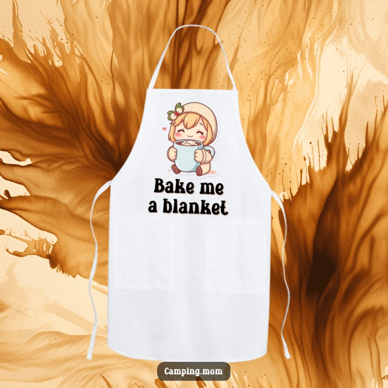 Funny apron featuring a delightful character savoring hot cocoa, ideal for kitchen tasks with a humorous twist. A great funny gift.