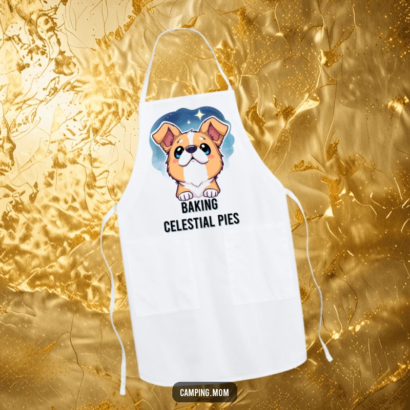 Funny Dog Apron: A practical apron showing a dog with wide, sparkling eyes looking up at a majestic starry night sky.