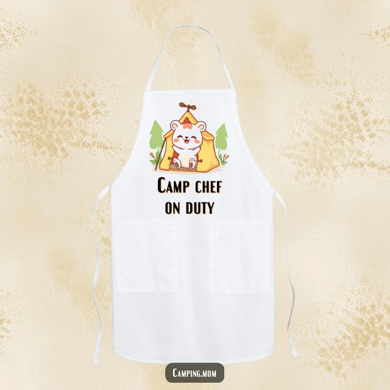 Funny animal apron showing a happy character enthusiastically setting up a small tent, perfect for a humorous cooking experience.