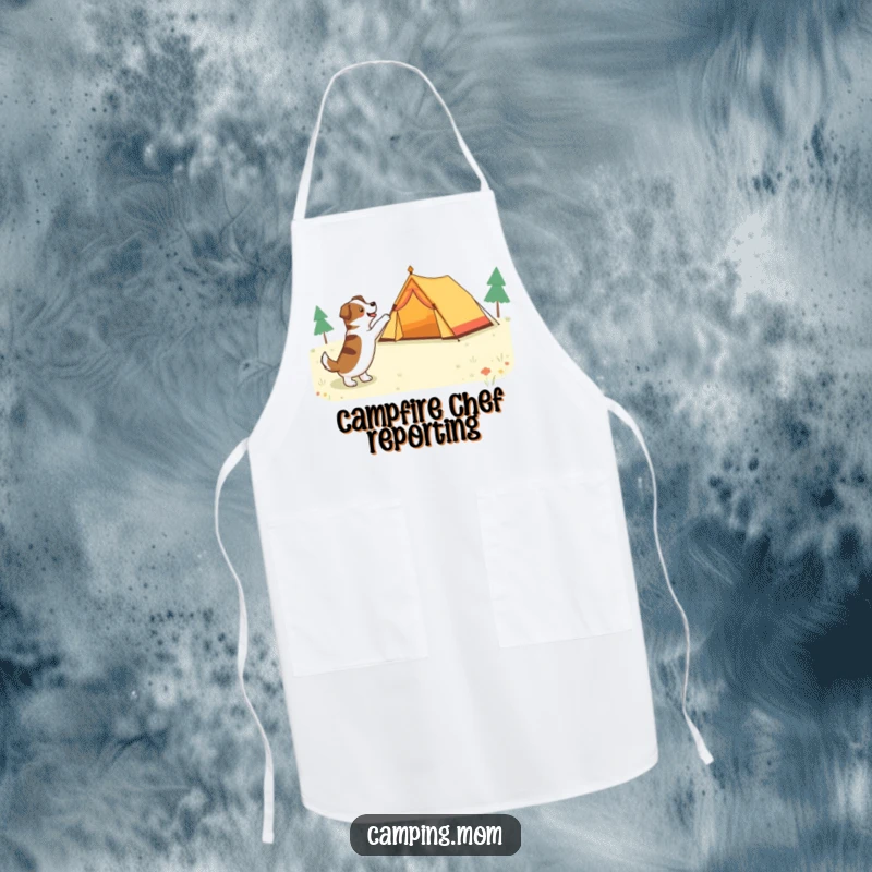 Funny dog pointing with excitement at a tent, printed on a humorous and functional kitchen apron.