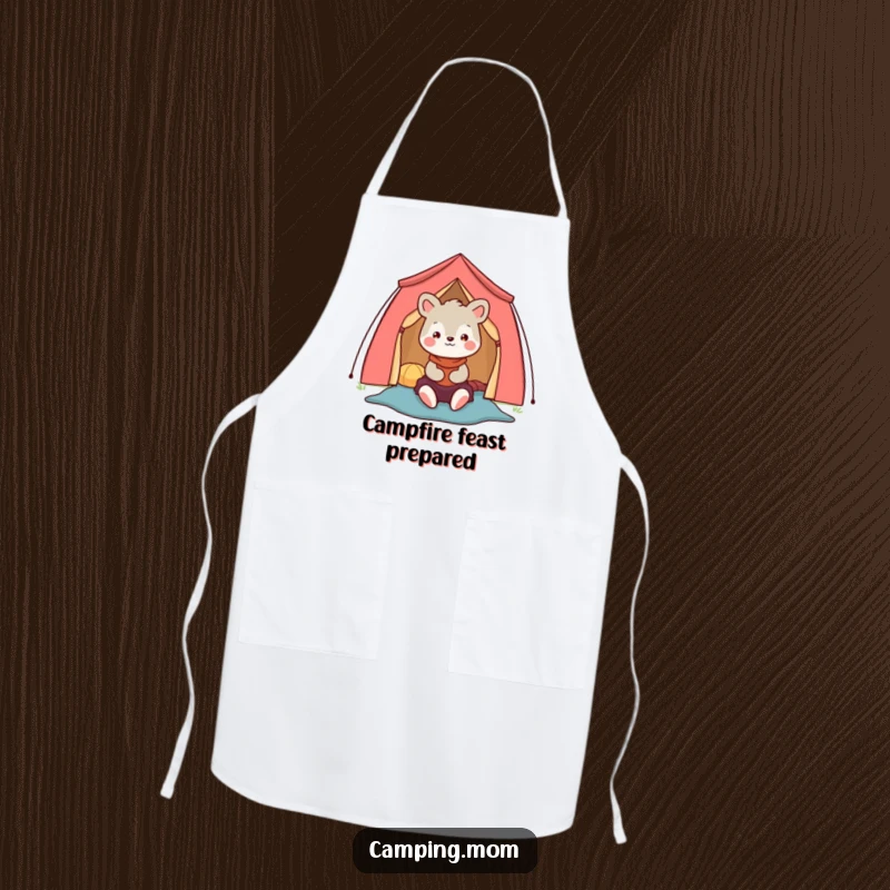 Funny camping mom animal character apron showing a happy mom setting up a colorful tent, ideal for cooking.