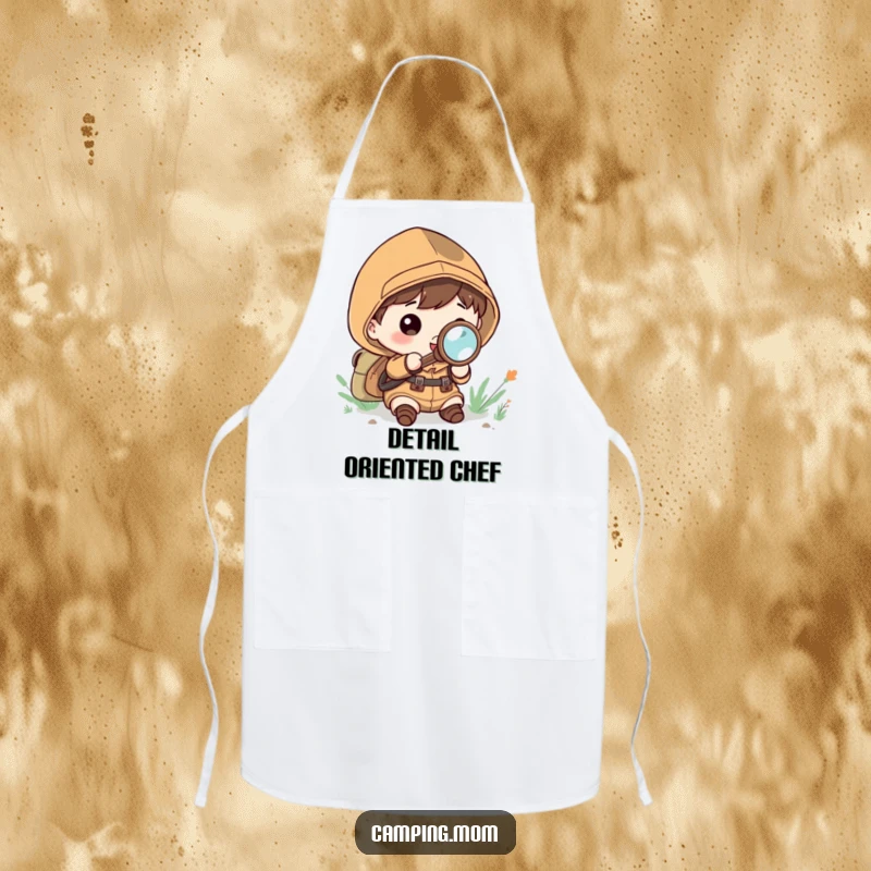 Funny Apron: Kawaii camping character using a magnifying glass to explore ingredients, with a look of wonder.