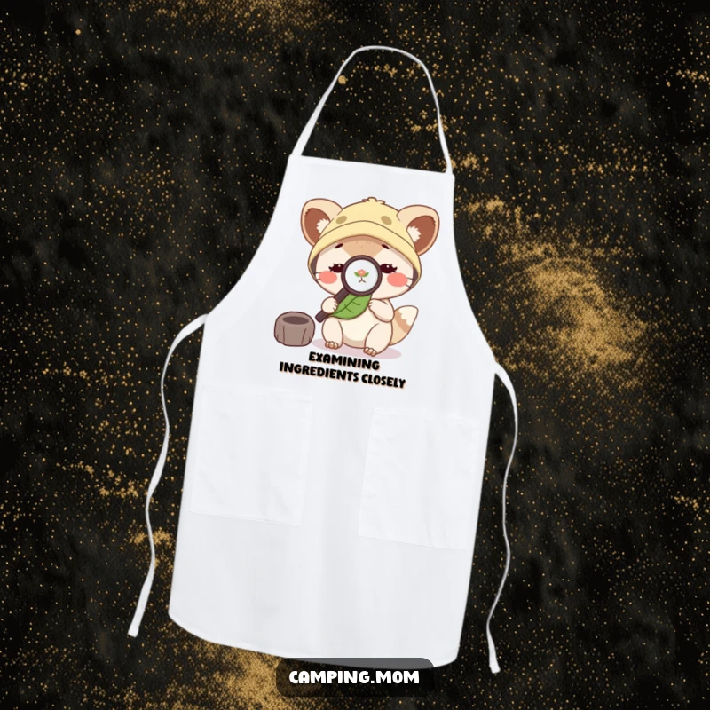 Funny camping mom animal with a magnifying glass, examining a leaf, perfect for culinary exploration and campsite cooking.