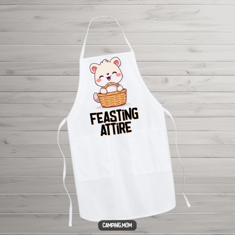 Funny animal character beaming with joy while unpacking a picnic basket, shown on a humorous and practical kitchen apron.