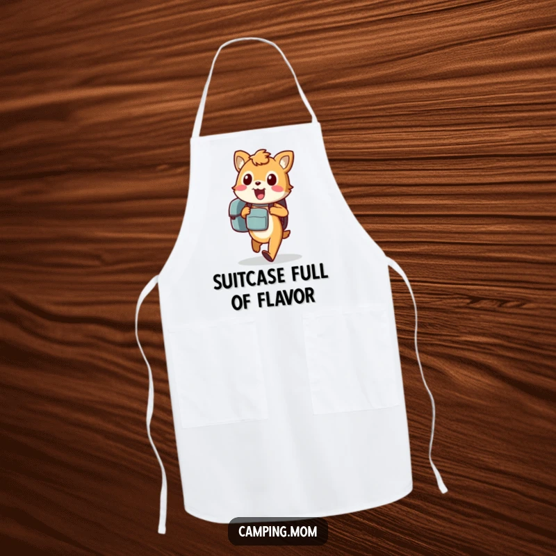 Funny animal apron showing an excited character carrying a backpack, walking eagerly, perfect for a humorous cooking journey.