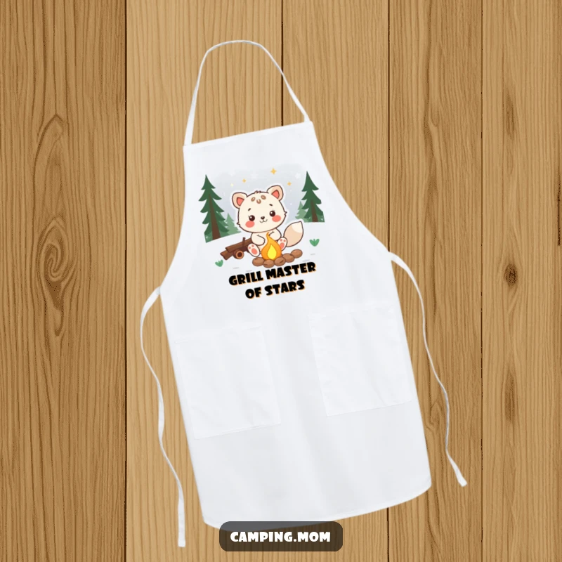 Funny animal apron showing a joyful character sitting by a campfire, gazing at stars, perfect for a humorous cooking experience.