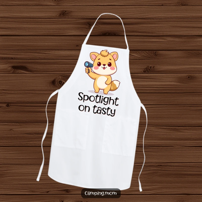 Funny animal apron showing a playful character holding a flashlight, pointing upwards, perfect for a humorous cooking adventure.