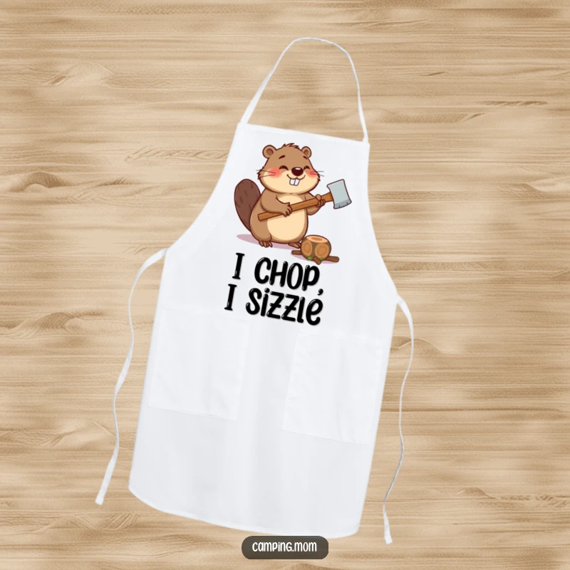 Funny apron showcasing a giggling beaver holding an axe, ready to chop a small log, for kitchen or workshop humor.