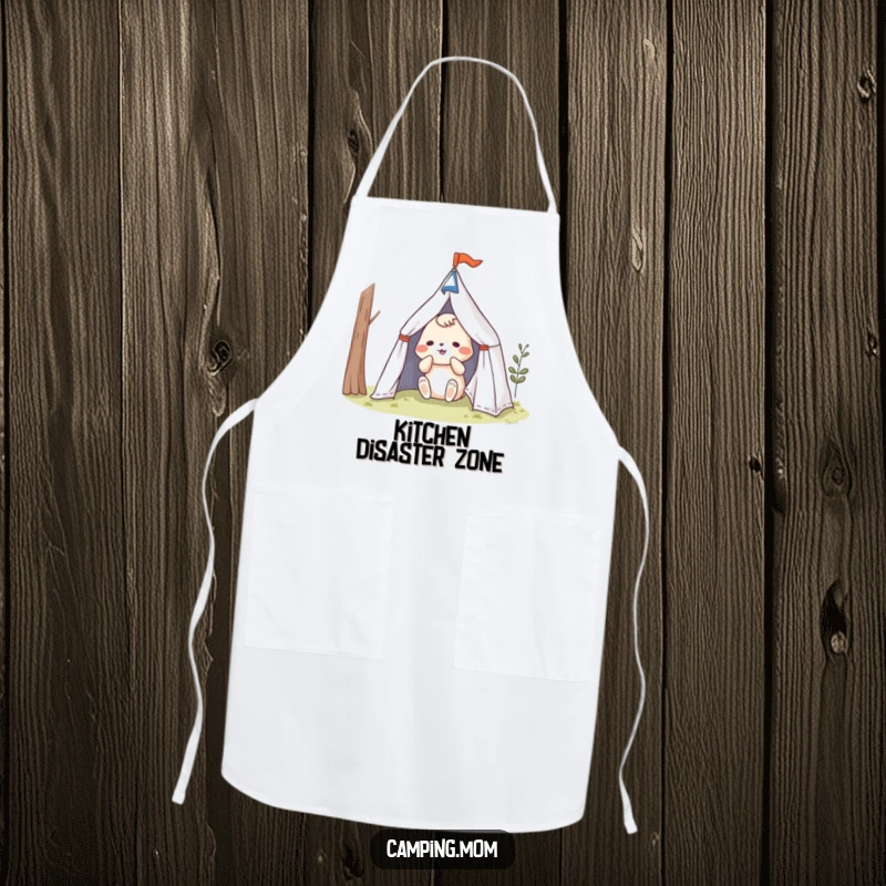 Funny animal character in a comical struggle with a tent, on a humorous cooking apron.