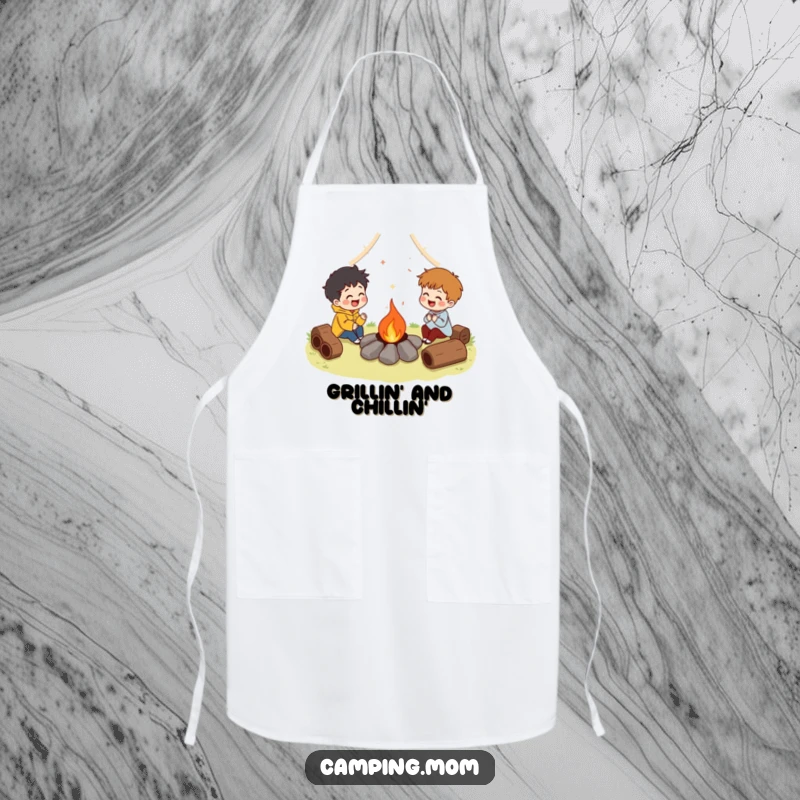Funny apron depicting characters laughing around a campfire, ideal for kitchen tasks with a humorous and convivial twist. Great funny gift.