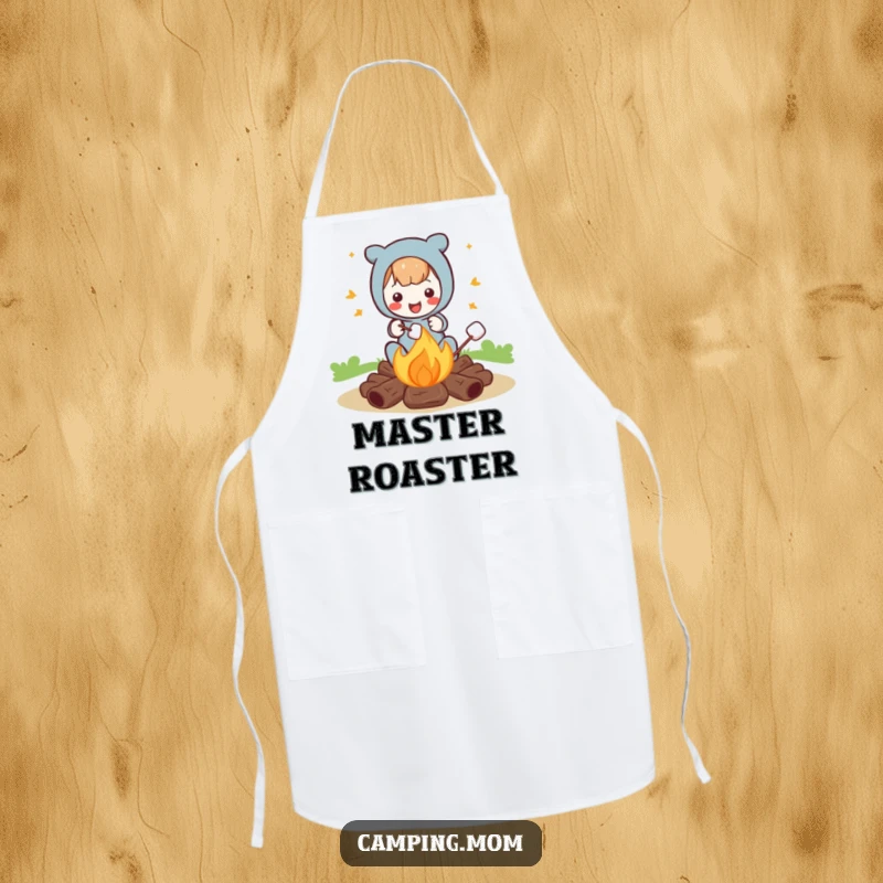 Funny apron featuring a character roasting marshmallows by a campfire, ideal for kitchen fun and outdoor cooking with humor.