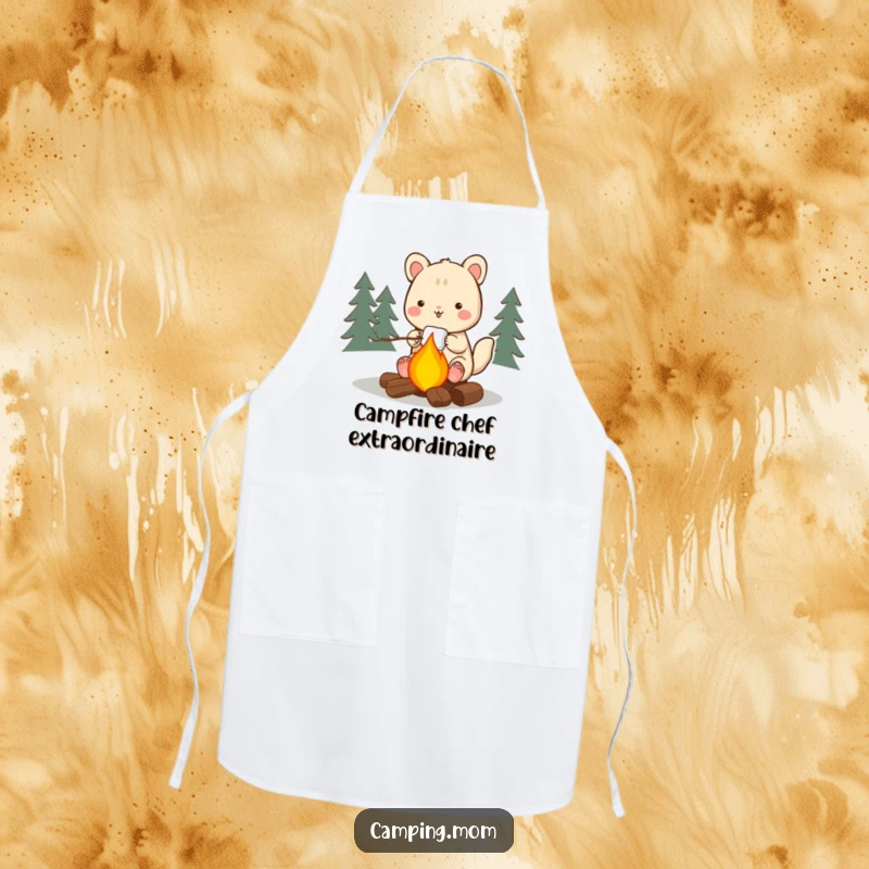 Funny camping animal apron, expertly roasting a marshmallow over a campfire, ready to add humor to any kitchen task.