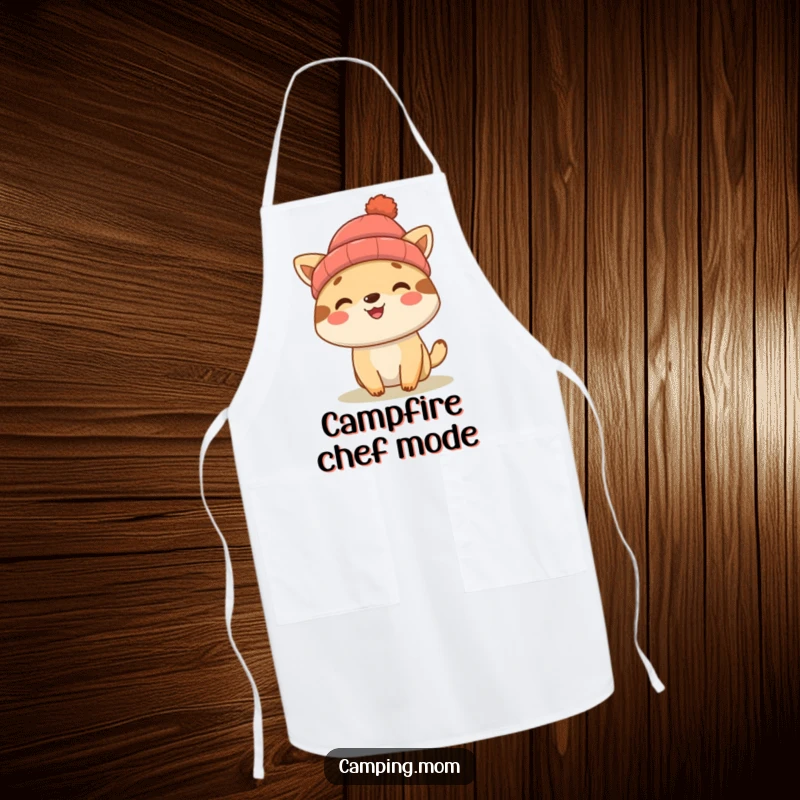 Funny camping animal character in a beanie, smiling adorably on a kitchen apron, perfect for chefs.