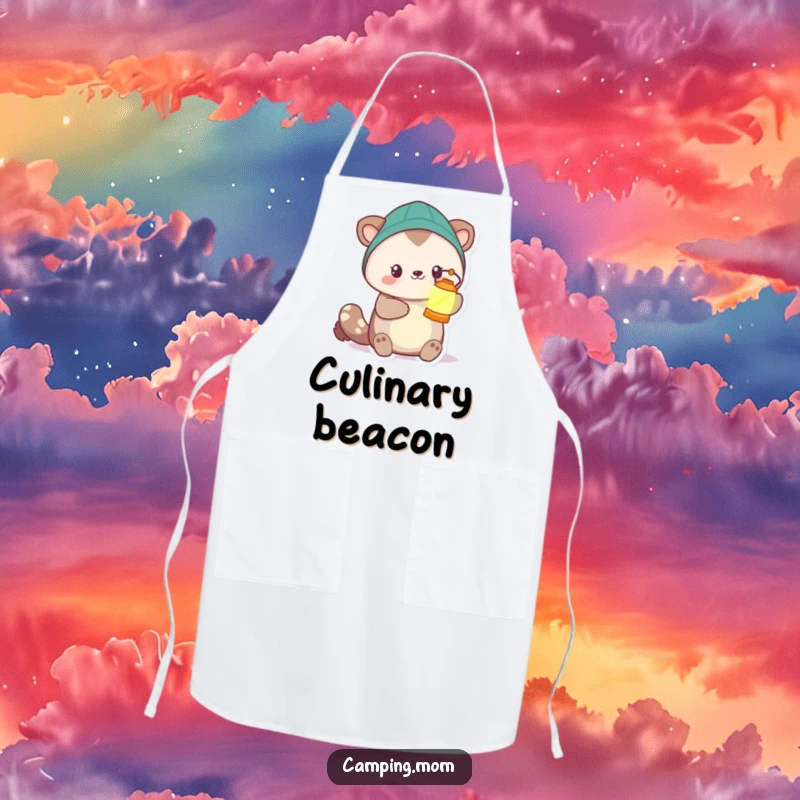 Funny camping animal character wearing an apron, holding a glowing lantern, ready to prepare meals with a bright smile.