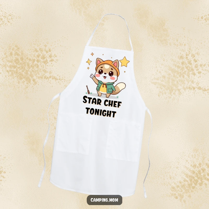 Funny camping animal character wearing an apron, energetically pointing at a starry sky, ready to create culinary masterpieces.