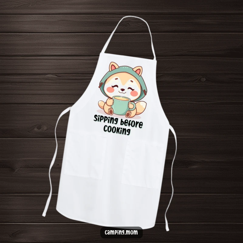 Funny camping mom animal enjoying a steaming mug, perfect for kitchen or campsite comfort.