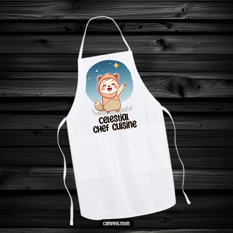 Funny camping mom apron, an animal mom pointing at a starry night sky, great for chefs who love astronomy.