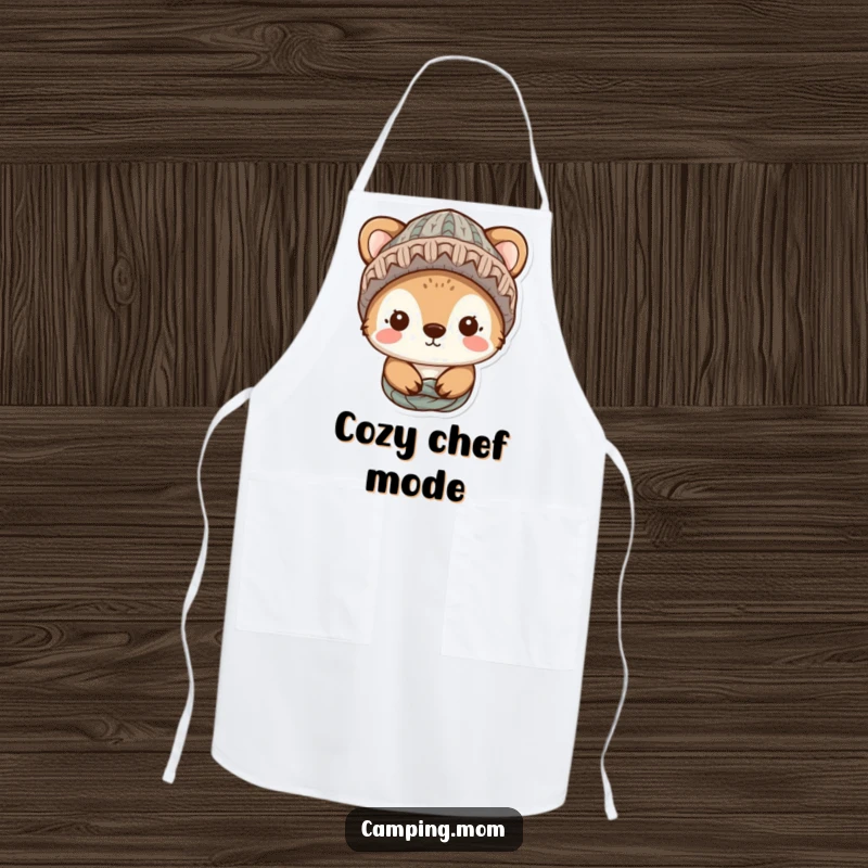 Funny animal character in a knitted hat, looking cozy and ready to cook, showcased on a humorous kitchen apron.