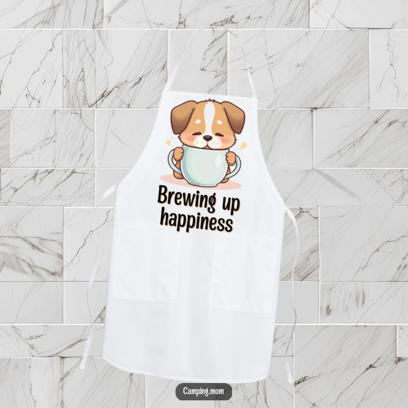 Funny dog sipping from a steaming mug with a contented sigh, printed on a humorous kitchen apron.