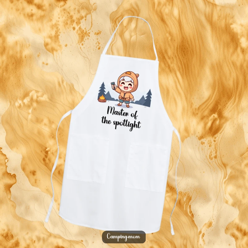 Funny apron with a happy camping character striking a dramatic pose, illuminated by a piercing flashlight beam.