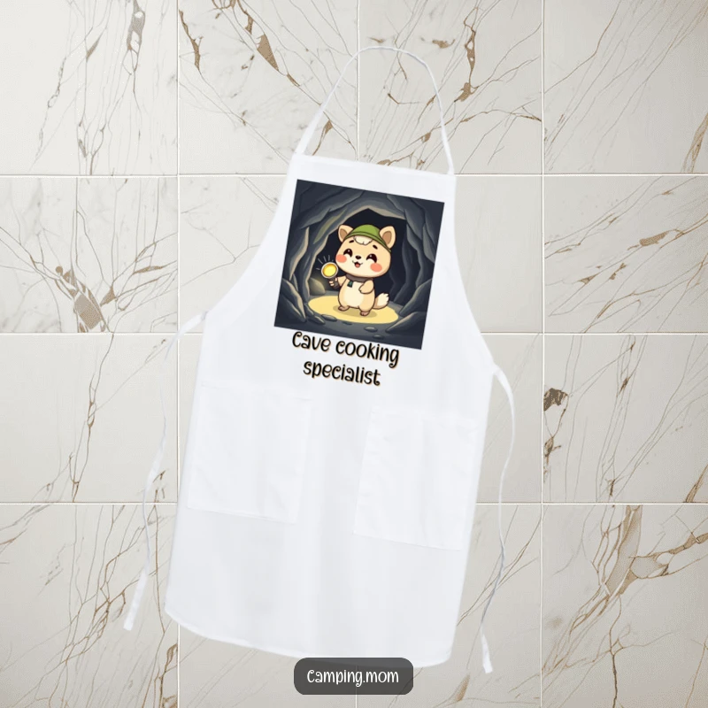 Funny camping animal apron, giggling with a flashlight, exploring a dark cave, ready to add humor to kitchen tasks.