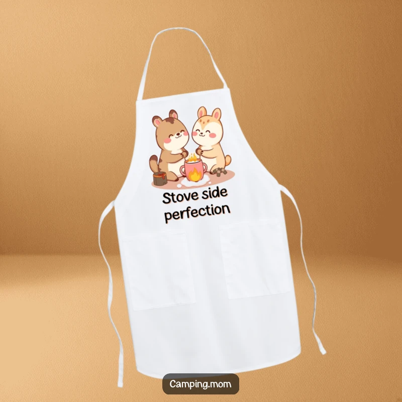 Funny giggling animal character wearing a chef hat, holding hot cocoa, shown on a humorous and practical kitchen apron.
