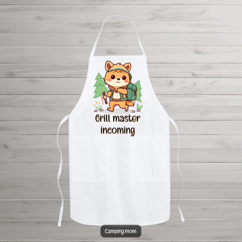 Funny camping animal character hiking with a backpack, printed on a stylish kitchen apron.