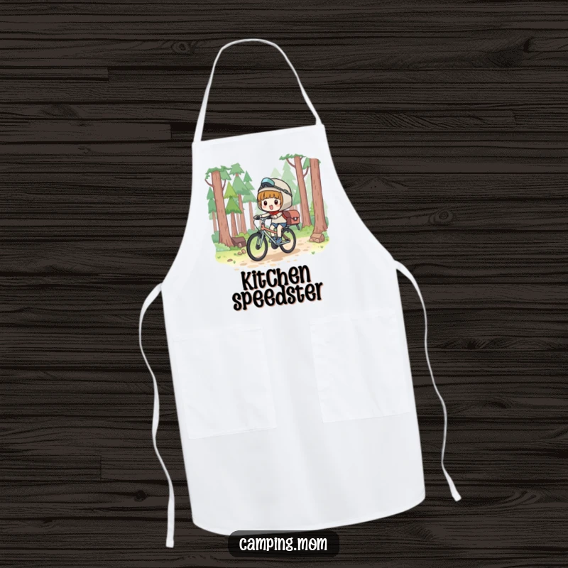 Funny Apron: Kawaii camping character bicycling with glee, ready to whip up a delicious meal.