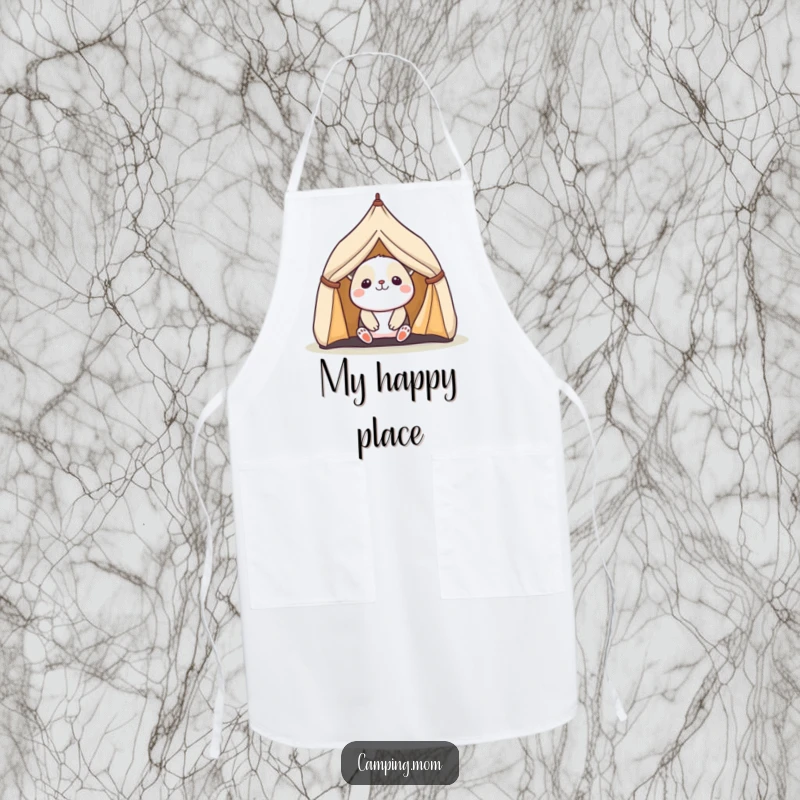 Funny and practical apron showcasing a kawaii camping animal peeking with delight from a small tent, perfect for cooking.