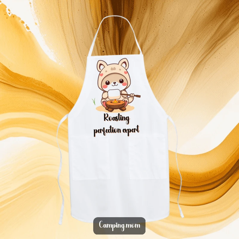 Funny kawaii camping animal character wearing a chef's hat, expertly roasting a marshmallow on a stick, ready for kitchen duty.