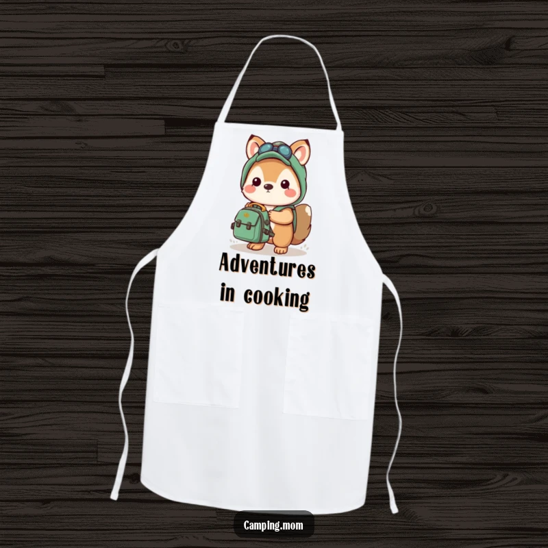 Funny apron featuring a kawaii camping animal holding a small backpack, ready for kitchen adventures and exploration.