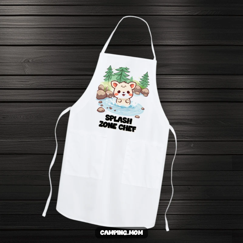 Funny apron featuring a kawaii camping animal joyfully splashing in a tiny stream, perfect for kitchen adventures.