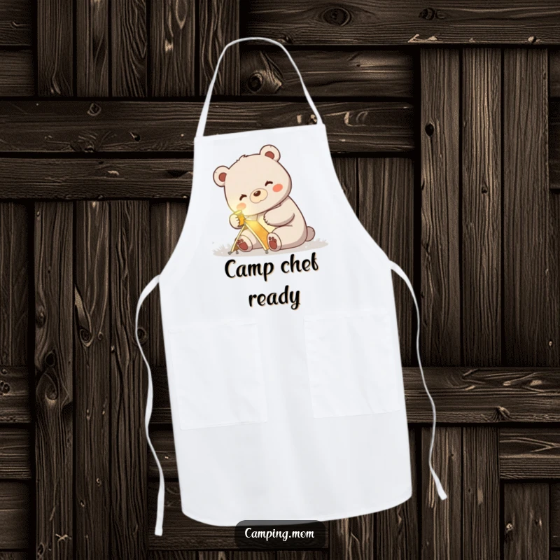 Funny apron with a mama bear wearing a headlamp happily setting up a tent, ready for outdoor cooking.