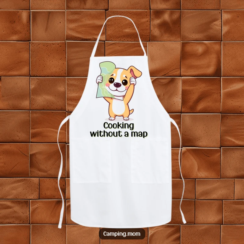 Funny dog holding a map upside down with playful confusion, printed on a humorous kitchen apron.