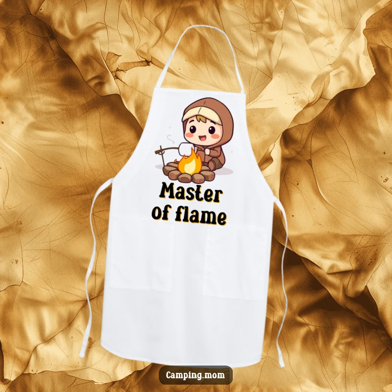Funny apron with a smiling camping character focused on roasting a marshmallow over a lively, crackling campfire.