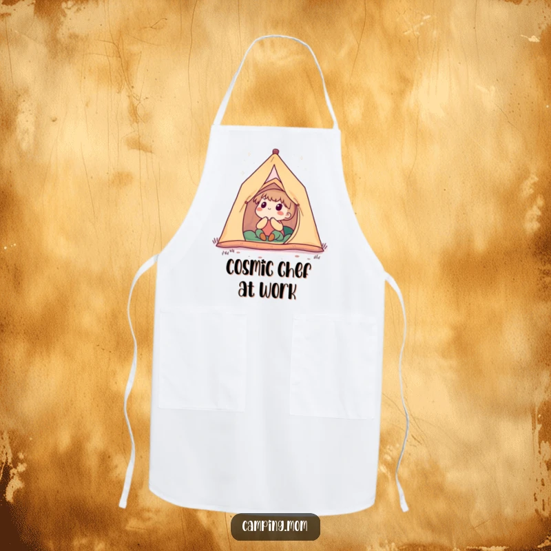 Funny apron with a cute camping character in a tent, looking up in awe at a beautiful, starry night sky.