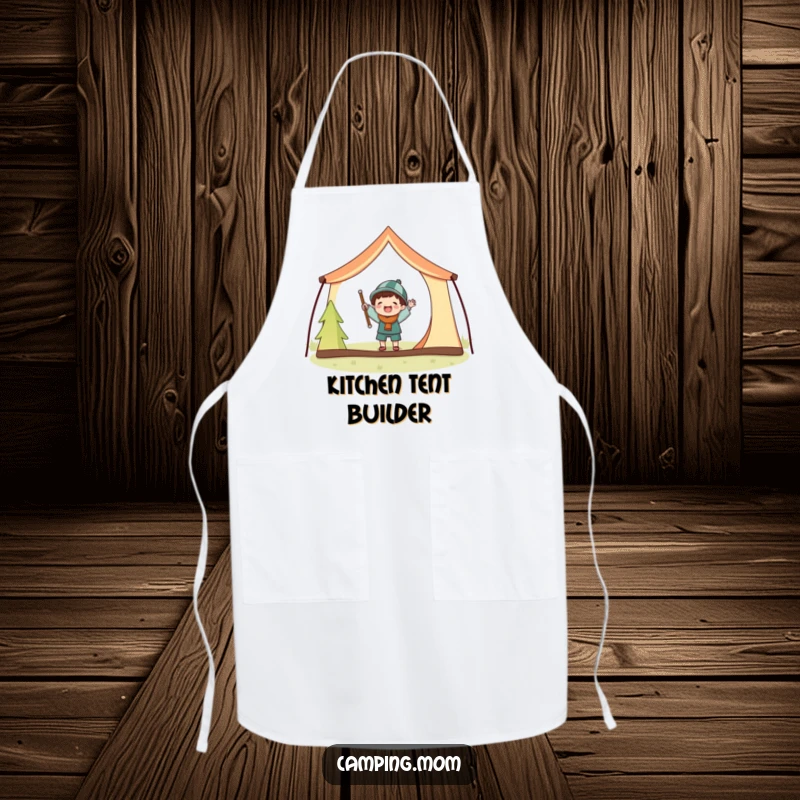 Funny apron with a joyful camping character hilariously attempting tent setup with comically large poles.