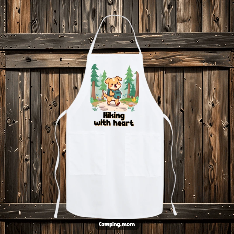 Funny dog with a backpack happily walking on a forest trail, printed on a functional and humorous kitchen apron.