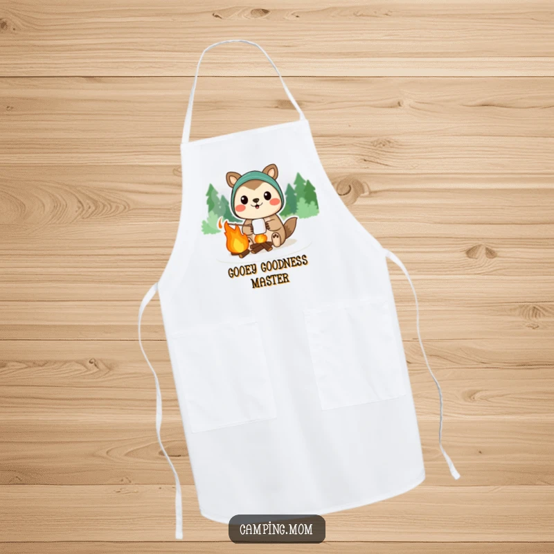Funny camping animal character proudly displaying a campfire marshmallow, on a stylish kitchen apron.