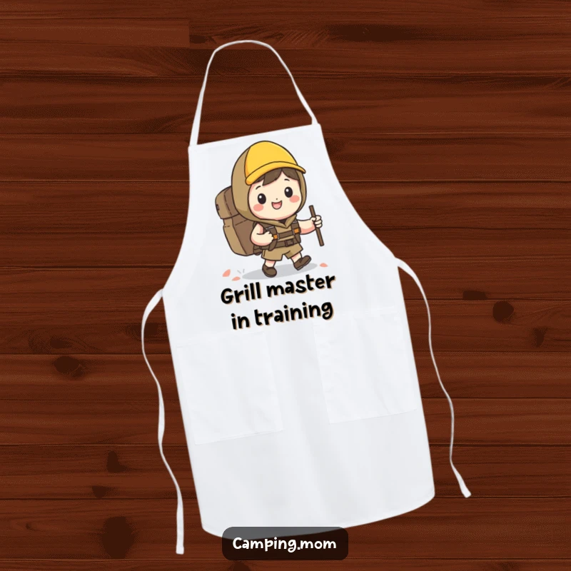 Funny Kawaii hiker apron depicting a happy character with a backpack and grin, ready to cook or go hiking.