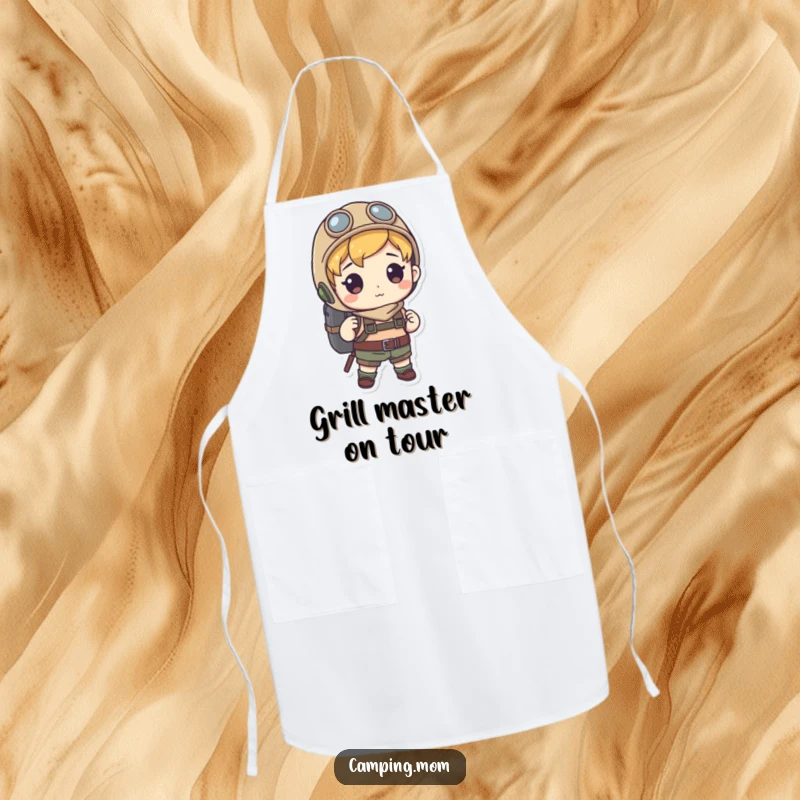 Funny apron depicting a character with a backpack, ready for culinary exploration with a humorous and practical design. Great funny gift.