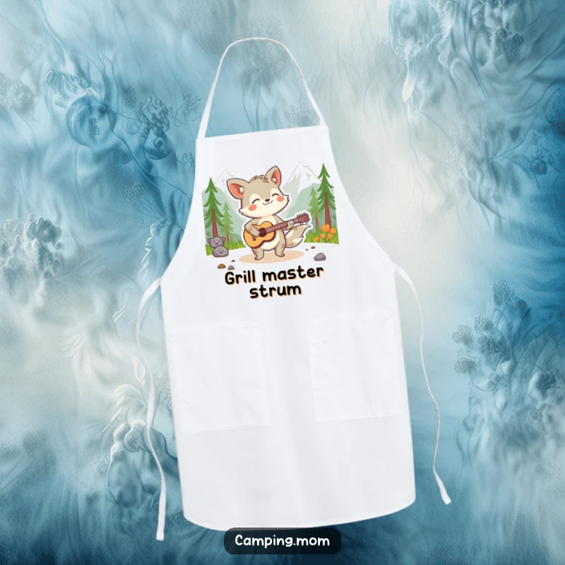 Funny animal character playing a guitar in a wilderness scene, shown on a humorous and practical kitchen apron.