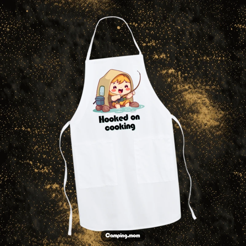 Funny Apron: Kawaii camping character fishing, looking hopeful and excited to cook up a storm.
