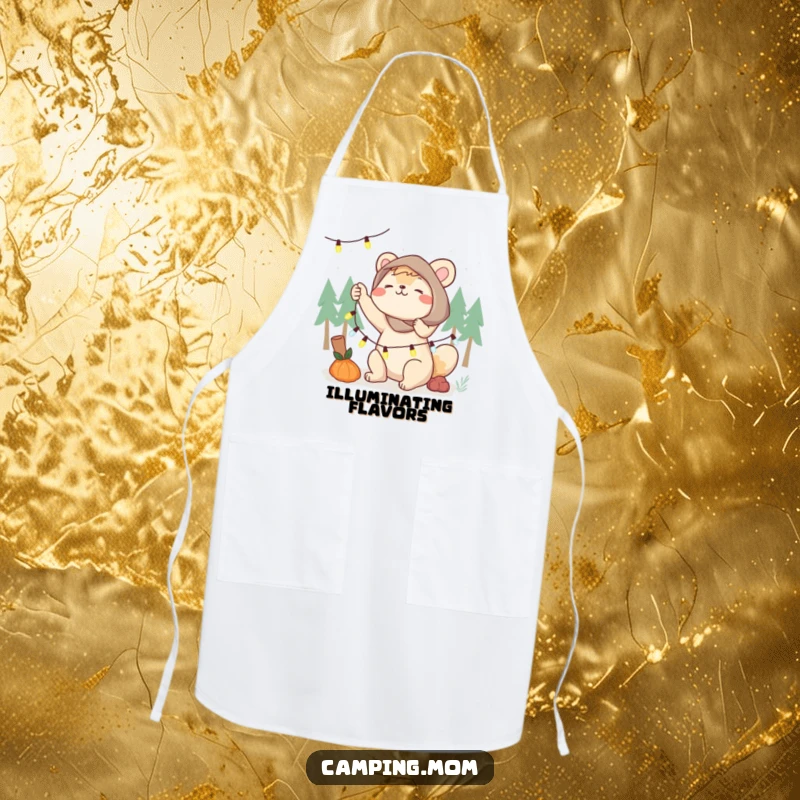 Funny camping mom apron, an animal mom energetically setting up fairy lights, great for cooks who love decorations.