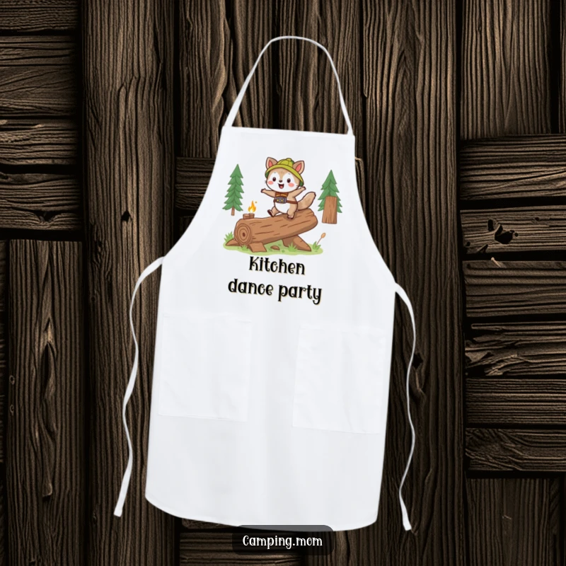 Funny camping animal character gleefully skipping over a log, on a stylish kitchen apron.
