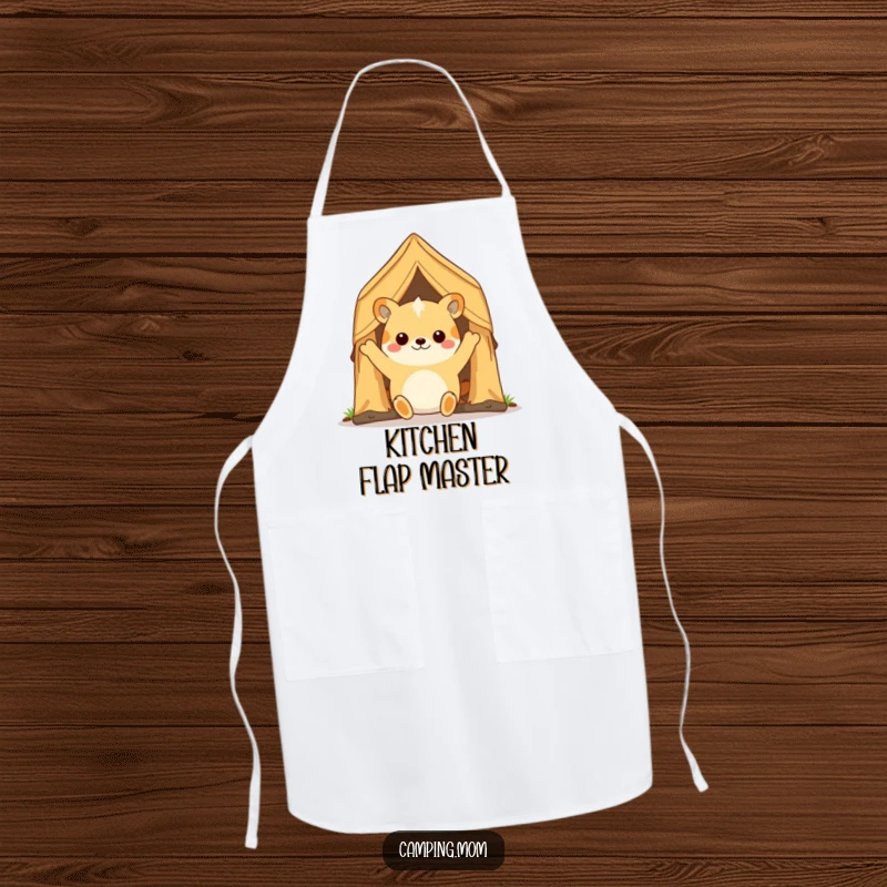 Funny camping animal character wearing an apron, joyfully opening a tent flap, ready to prepare delicious meals with a smile.