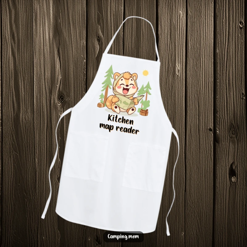 Funny camping mom apron showing an animal laughing while trying to unfold a map, outdoor kitchenwear for moms.