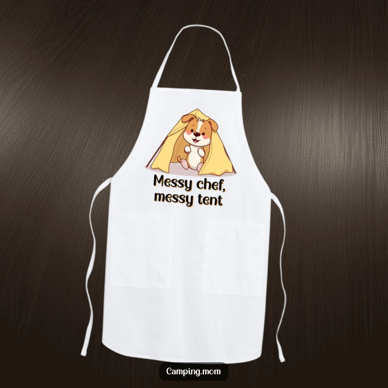 Funny Dog Apron: An apron showing a dog humorously entangled with tent poles and fabric while attempting to set up camp.
