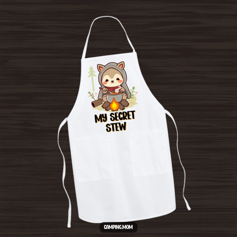 Funny camping mom animal character apron showing a happy mom stirring stew over a campfire, ideal for cooking.