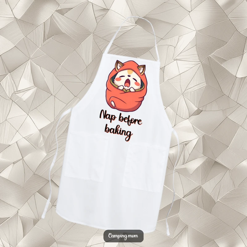 Funny camping animal character yawning widely, wrapped in a sleeping bag, on a kitchen apron.